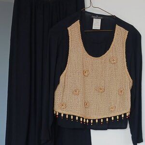 2 PIECE VINTAGE BLACK CAROLE LITTLE OUTFIT WITH CROCHET VESTED TOP